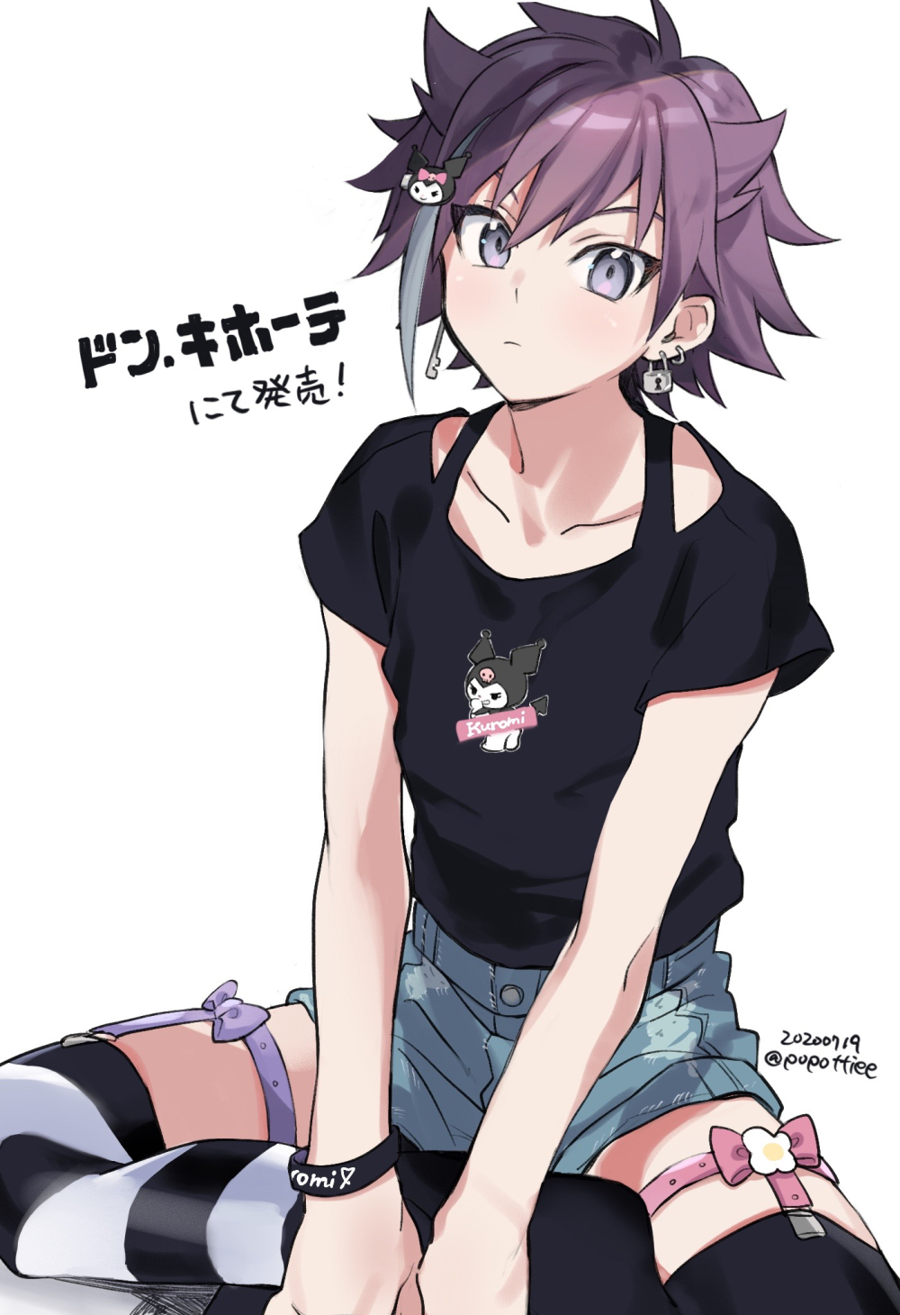 1boy, bare_arms, black_bra, black_shirt, black_thighhighs, blue_shorts, bow, bra, bra_strap, bracelet, closed_mouth, collarbone, commentary_request, crossdressing, crossdressing_(mtf), crossed_legs, dated, earrings, garter_straps, grey_eyes, hair_ornament, highres, hiiragi_jun, jewelry, key_earrings, kuromi, lock, lock_earrings, looking_at_viewer, male_focus, my_melody_(series), pink_bow, potti-p, purple_bow, purple_hair, sanrio, shirt, shirt_tucked_in, short_hair, shorts, simple_background, sitting, solo, striped_clothes, striped_thighhighs, thighhighs, translation_request, trap, underwear, white_background, white_thighhighs