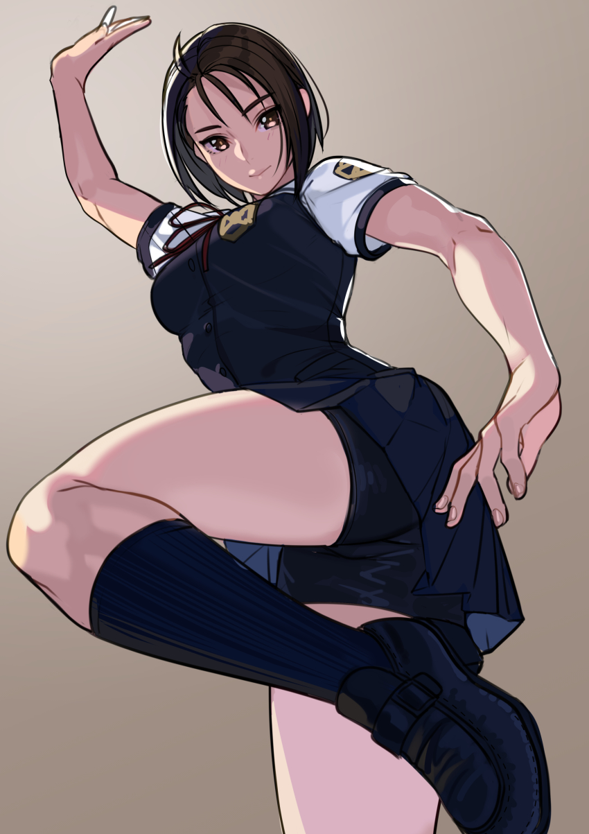 1girl, absurdres, ahoge, arm_up, ass, bajiquan_(martial_arts), bike_shorts, breasts, brown_eyes, brown_hair, capcom, closed_mouth, cowboy_shot, facing_viewer, fighting_stance, grey_background, hand_up, highres, justice_gakuen, kagematsuri, kazama_akira, knee_up, kneehighs, leg_up, looking_at_viewer, matching_hair/eyes, medium_breasts, miniskirt, one_leg_raised, ribbon_tie, school_uniform, shoes, short_hair, short_sleeves, shorts, simple_background, skirt, socks, solo, standing, standing_on_one_leg, street_fighter, street_fighter_v, unfinished