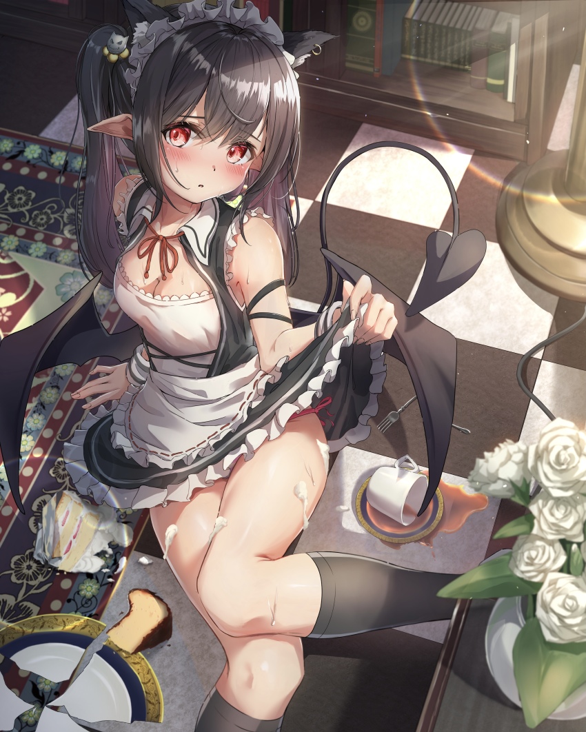1girl, absurdres, animal_ears, apron, bare_shoulders, black_dress, black_hair, black_socks
