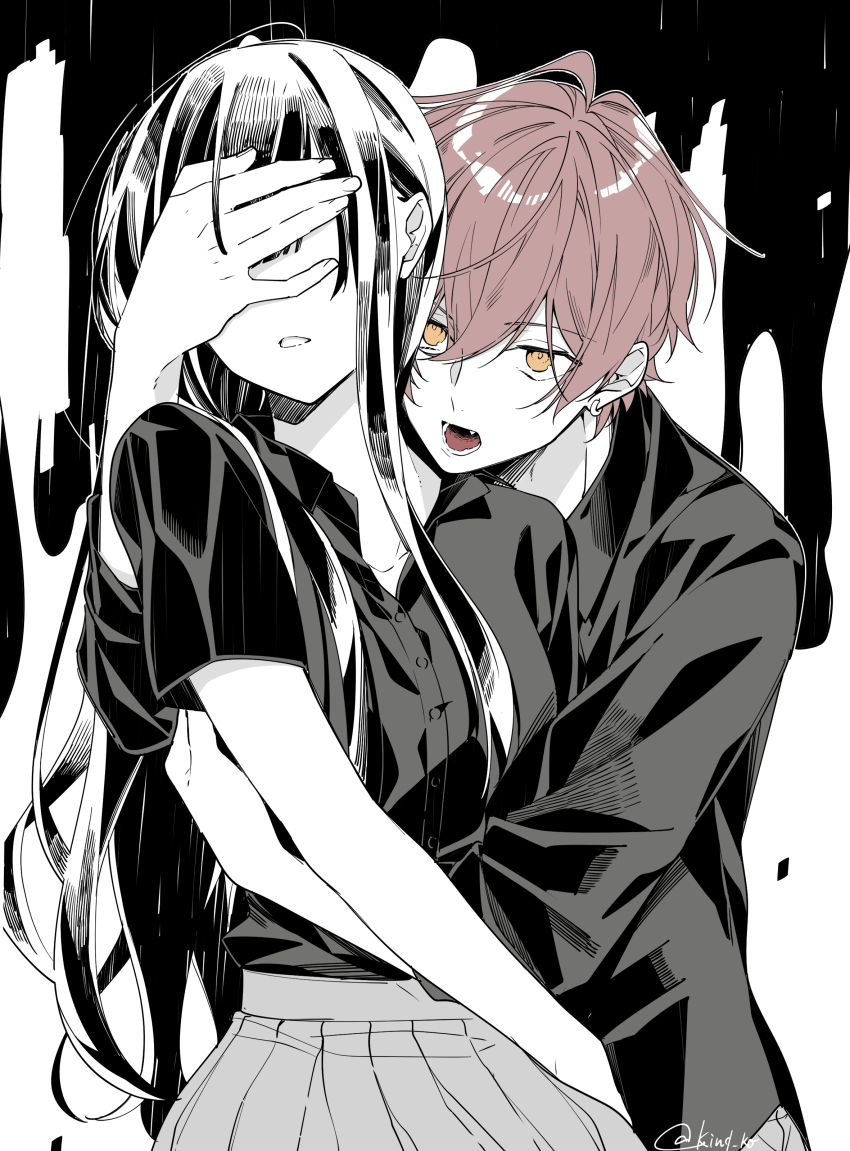 1boy, 1girl, absurdres, azs_kn, black_hair, highres, hug, hug_from_behind, school_uniform, tagme