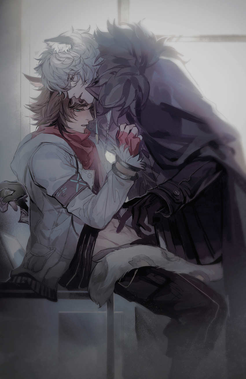 2boys, abs, absurdres, animal_ears, arknights, armband, black_coat, black_gloves