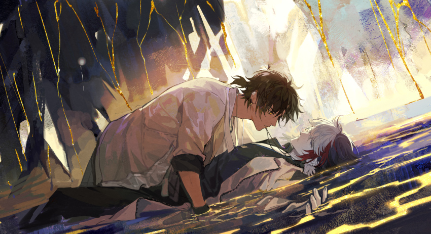 2boys, arknights, arm_support, black_hair, black_pants, black_shirt, brown_coat, chinese_commentary