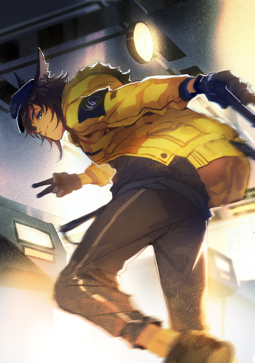 1boy, absurdres, animal_ears, arknights, black_gloves, black_pants, blue_eyes, brown_hair