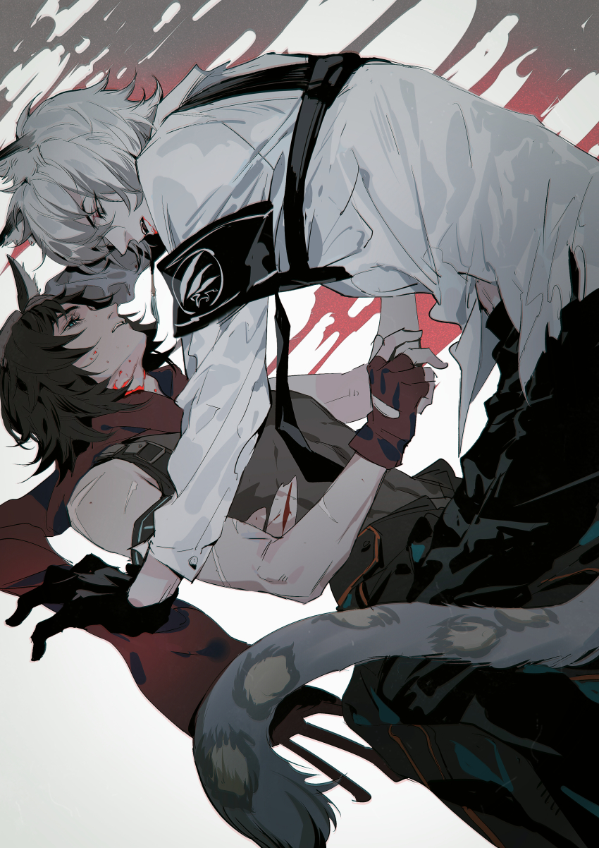 2boys, absurdres, animal_ears, arknights, arm_support, armband, black_pants, black_shirt