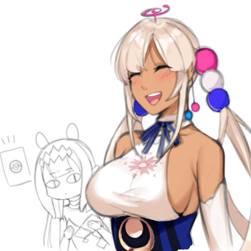 2girls, animal_ears, ao-chan_(ninomae_ina'nis), blonde_hair, blue_ribbon, blue_skirt, blush, breast_envy