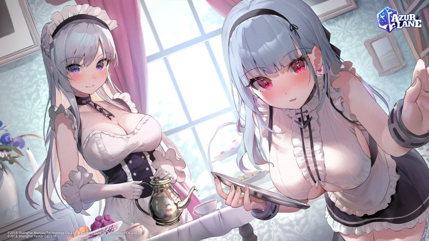 2girls, anchor_choker, azur_lane, bare_shoulders, belfast_(azur_lane), black_hairband, blue_eyes, blush, braid, breasts, broken, broken_chain, center_frills, chain, cleavage, clothing_cutout, dido_(azur_lane), frills, gloves, hairband, half_up_braid, highres, kinoruru_toiro, large_breasts, long_hair, looking_at_viewer, maid, multiple_girls, official_art, red_eyes, smile, swept_bangs, underboob, underboob_cutout, white_hair