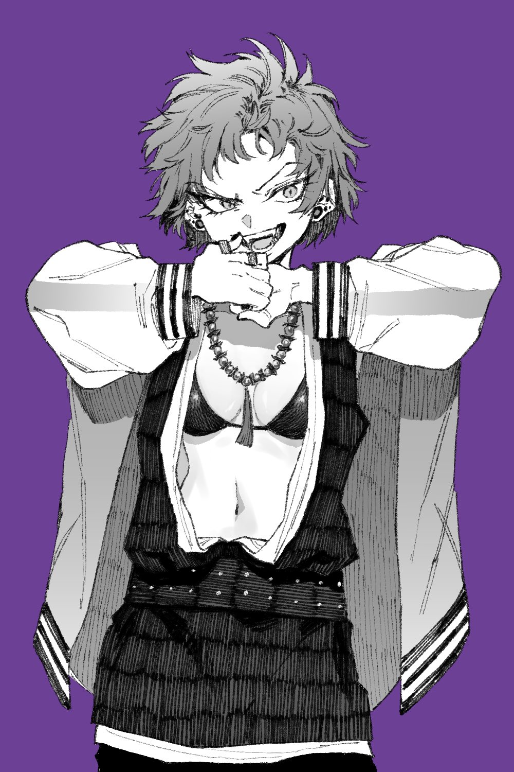 1girl, bikini, bikini_top_only, breasts, ear_piercing, eyelashes, fangs, genderswap, genderswap_(mtf), greyscale, greyscale_with_colored_background, harai_kuko, highres, hypnosis_mic, jacket, japanese_clothes, jewelry, letterman_jacket, long_sleeves, maki_keigo, monochrome, navel, necklace, open_clothes, open_jacket, open_mouth, piercing, purple_background, ring, short_hair, simple_background, swimsuit, tassel