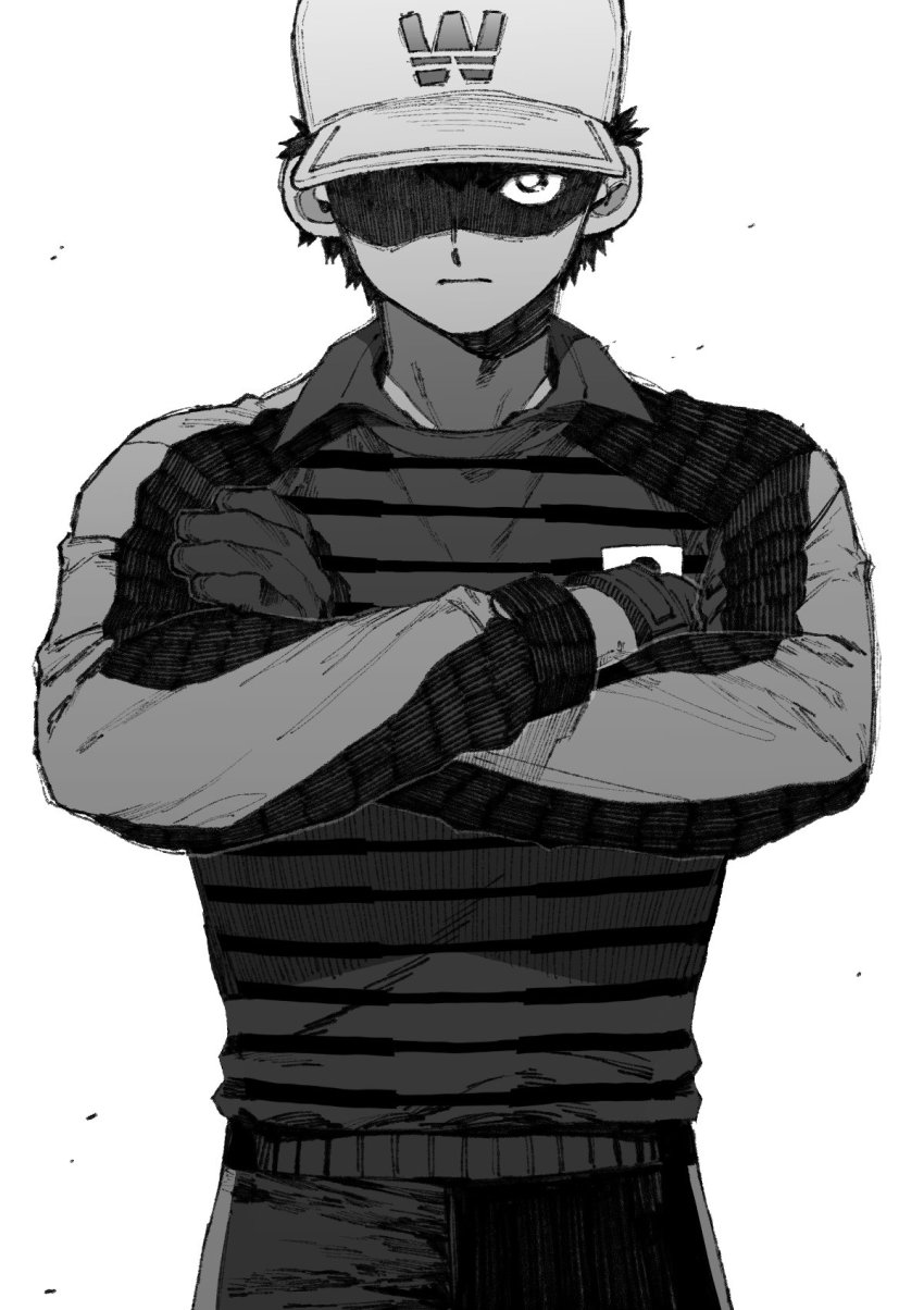 1boy, captain_tsubasa, closed_mouth, crossed_arms, gloves, greyscale, hat, highres, long_sleeves, maki_keigo, male_focus, monochrome, shaded_face, shirt, shorts, simple_background, solo, sportswear, striped_clothes, striped_shirt, wakabayashi_genzou, white_background