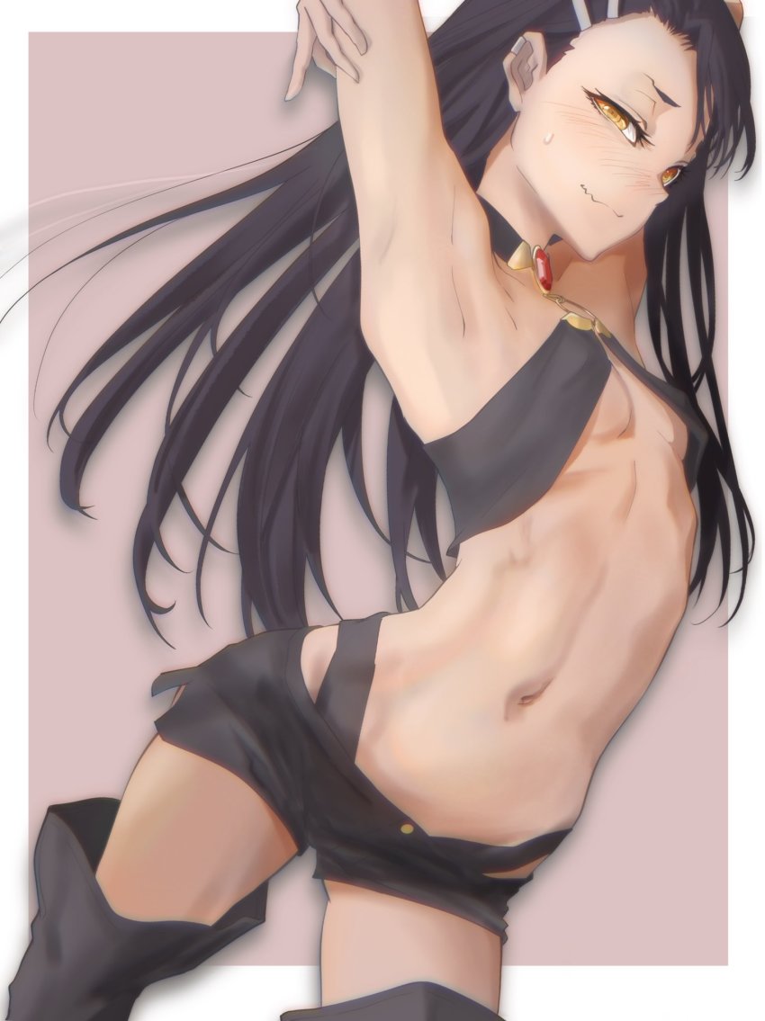 1girl, armpits, arms_up, black_hair, blush, boots, breasts, cosplay, gem, hair_ornament, hairpin, highres, ijiranaide_nagatoro-san, jahy, jahy-sama_wa_kujikenai!, midriff, nagatoro_hayase, navel, o-ring, shorts, small_breasts, solo, tan, thigh_boots, thighhighs, yellow_eyes, yyano4691