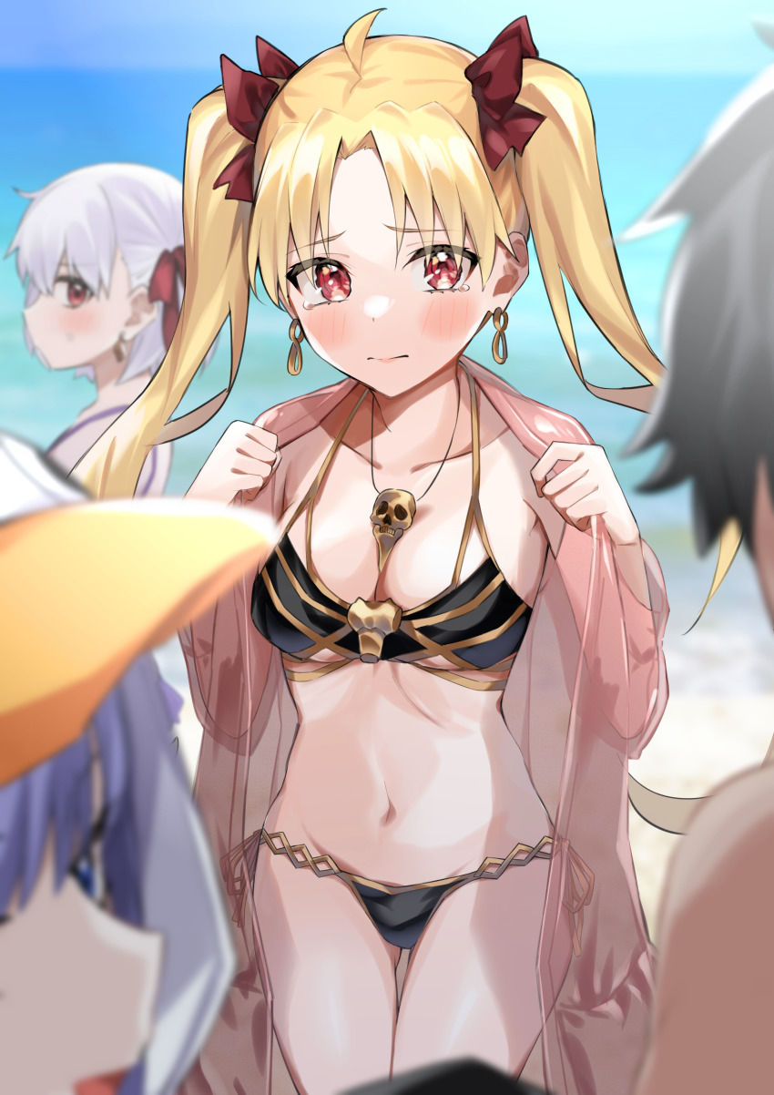 1boy, 3girls, absurdres, ahoge, bikini, black_hair, blonde_hair, blurry, blurry_background, blurry_foreground, blush, bow, breasts, collarbone, commentary_request, cowboy_shot, depth_of_field, earrings, ereshkigal_(fate), fate/grand_order, fate_(series), fujimaru_ritsuka_(male), hair_bow, highres, itame_moyashi, jewelry, kama_(fate), kama_(young)_(fate), large_breasts, long_hair, looking_at_viewer, meltryllis_(fate), multiple_girls, navel, necklace, ocean, profile, red_bow, red_eyes, short_hair, side-tie_bikini_bottom, silver_hair, skull_necklace, summer, swimsuit, tearing_up, twintails
