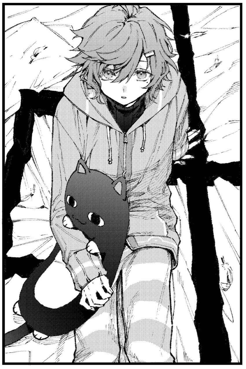 1boy, bed, bed_sheet, greyscale, hair_between_eyes, hair_ornament, hairclip, highres, holding, holding_stuffed_toy, jacket, kanae_(1st_costume)_(nijisanji), kanae_(nijisanji), long_sleeves, looking_at_viewer, maki_keigo, male_focus, mole, mole_under_eye, monochrome, nijisanji, on_bed, pajamas, pants, parted_lips, pillow, roto_(kanae), sitting, solo, striped_clothes, striped_pants, stuffed_animal, stuffed_cat, stuffed_toy, sweater, turtleneck, turtleneck_sweater, virtual_youtuber, window_shadow