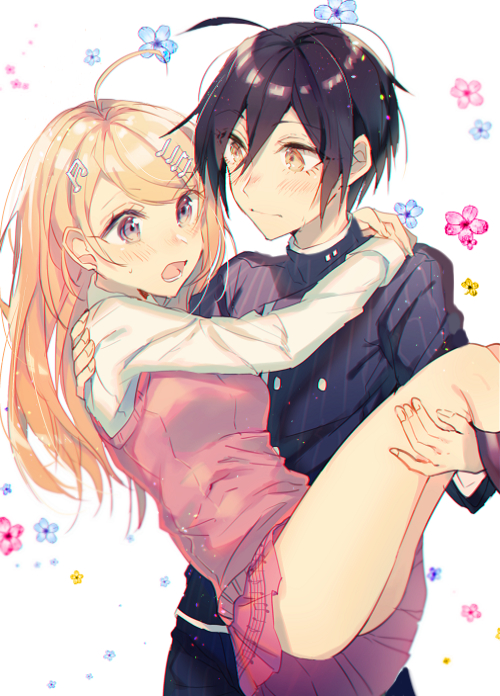 1boy, 1girl, ahoge, akamatsu_kaede, ass, black_hair, black_jacket, black_pants