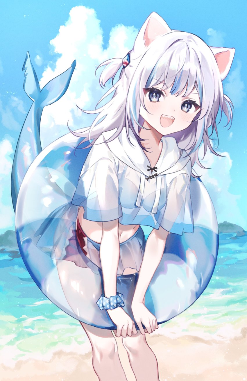 1girl, absurdres, animal_ears, bikini, bikini_under_clothes, black_bikini, blue_eyes, blue_hair