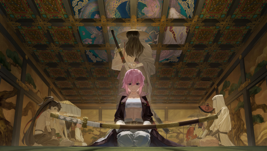 1boy, 1girl, absurdres, alchemy_stars, ambiguous_gender, architecture, armband, armor, bandaged_arm, bandages, beads, belt, black_hair, chest_sarashi, closed_mouth, coat, collarbone, colored_inner_hair, commentary_request, covered_face, dragon, east_asian_architecture, floating, floating_object, floating_sword, floating_weapon, gauntlets, gloves, hat, hataya, highres, hiiro_(alchemy_stars), hand_on_own_arm, huge_filesize, indoors, japanese_armor, long_hair, looking_at_another, looking_down, multicolored_hair, navel, ootachi, open_clothes, open_coat, pants, people, pink_eyes, pink_hair, ponytail, prayer_beads, rice_hat, robe, samurai, sanki_(alchemy_stars), sarashi, scabbard, seiza, sheath, sheathed, short_hair, sidelocks, sitting, sliding_doors, standing, straw_hat, sword, sword_on_back, tatami, topless_male, torioigasa, veil, weapon, weapon_on_back, white_pants, white_robe