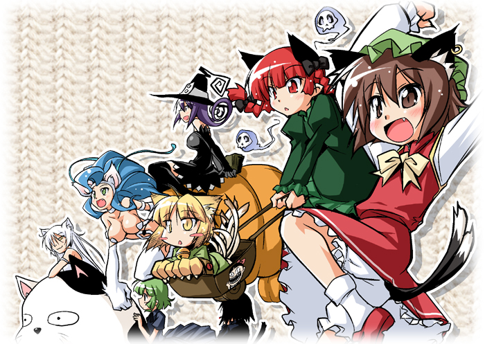 00s, 10s, 6+girls, animal_ear_fluff, animal_ears, animal_hands, ashiarai-yashiki_no_juunintachi, bakemonogatari, black_dress, black_hanekawa, black_headwear, blair_(soul_eater), blonde_hair, bloomers, blue_eyes, blue_hair, braid, breasts, brown_eyes, brown_hair, capcom, cat, cat_ears, cat_tail, character_request, chen, cleavage, crossover, dress, fang, felicia_(darkstalkers), flat_chest, gegege_no_kitarou, geobreeders, ghost, green_eyes, green_hair, green_headwear, hanekawa_tsubasa, hat, kaenbyou_rin, kotatsu-neko, long_hair, maya_(geobreeders), medium_breasts, mob_cap, monogatari_(series), multiple_crossover, multiple_girls, multiple_tails, nekomonogatari, nekomusume, nino_(ninouchi_irazu), outline, panties, pantyshot, pumpkin, purple_hair, red_footwear, red_hair, red_skirt, revealing_clothes, ryuuzouji_koma, shirt, short_hair, skirt, skirt_set, slit_pupils, soul_eater, tail, toei_company, touhou, trait_connection, underwear, urusei_yatsura, darkstalkers, wheelbarrow, white_hair, white_legwear, white_outline, white_shirt, witch_hat, yellow_eyes