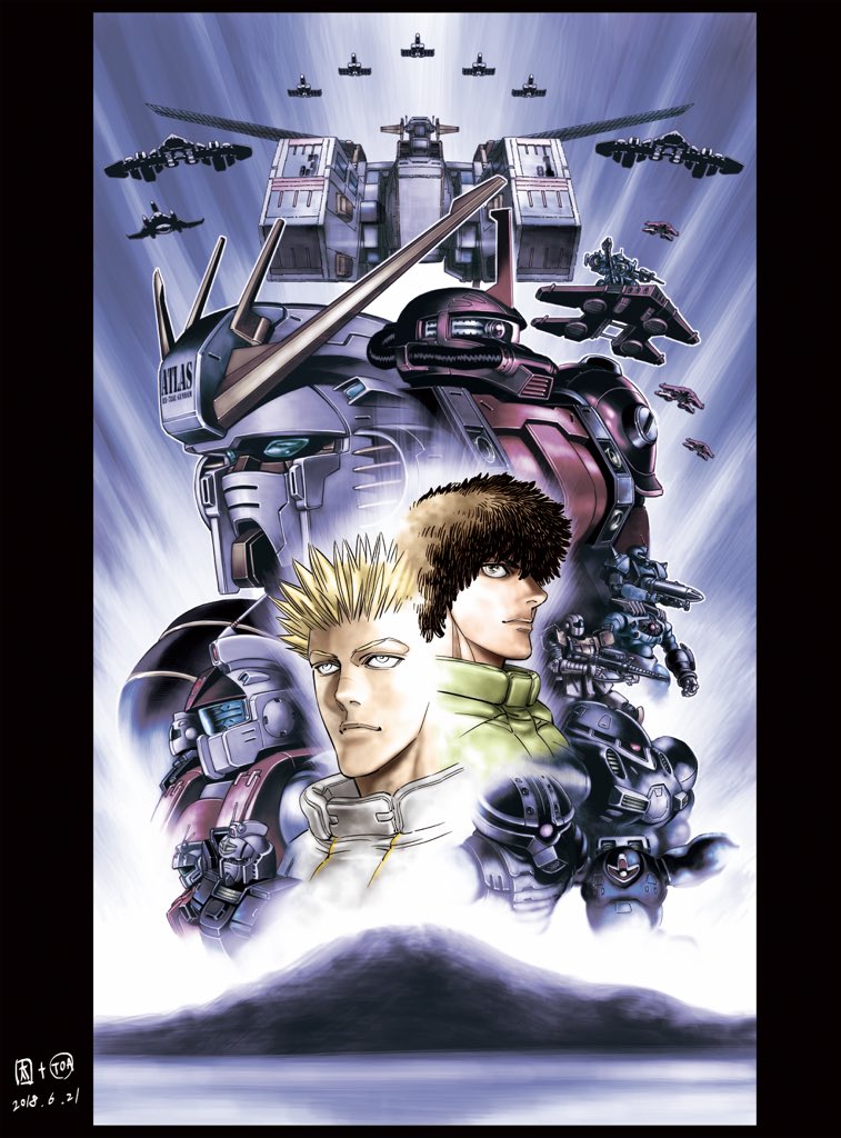 2boys, atlas_gundam, bazooka_(gundam), blonde_hair, brown_eyes, brown_hair, daryl_lorenz, dom_(mobile_suit)