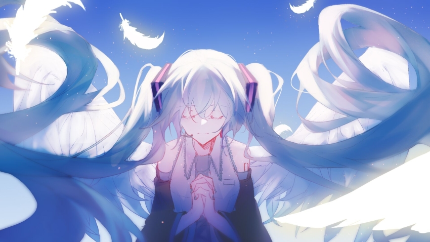 1girl, angel, angel_wings, aqua_eyes, aqua_hair, aqua_nails, aqua_necktie, backlighting, bare_shoulders, black_sleeves, blue_sky, chinese_commentary, closed_mouth, commentary, detached_sleeves, facing_viewer, falling_feathers, feathered_wings, feathers, floating_hair, glowing, glowing_feather, glowing_wings, grey_shirt, hair_ornament, hatsune_miku, headset, highres, key_asan, light_particles, long_hair, nail_polish, necktie, own_hands_together, praying, shirt, shoulder_tattoo, sky, sleeveless, sleeveless_shirt, solo, tattoo, twintails, upper_body, very_long_hair, vocaloid, white_feathers, wings