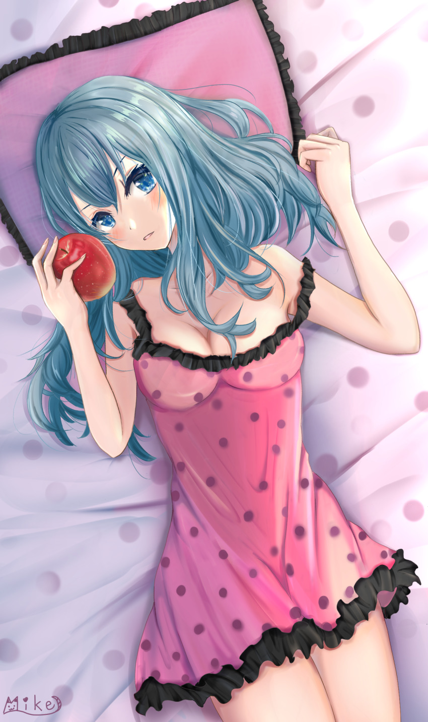 1girl, apple, aqua_eyes, aqua_hair, blush, breasts, commentary, cowboy_shot, dress, food, frilled_dress, frills, from_above, fruit, hatsune_miku, head_tilt, highres, holding, holding_food, holding_fruit, lingerie, long_hair, looking_at_viewer, lying, medium_breasts, mike81277424, on_back, parted_lips, pillow, pink_dress, polka_dot, polka_dot_blanket, polka_dot_dress, romeo_to_cinderella_(vocaloid), skinny, solo, underwear, vocaloid