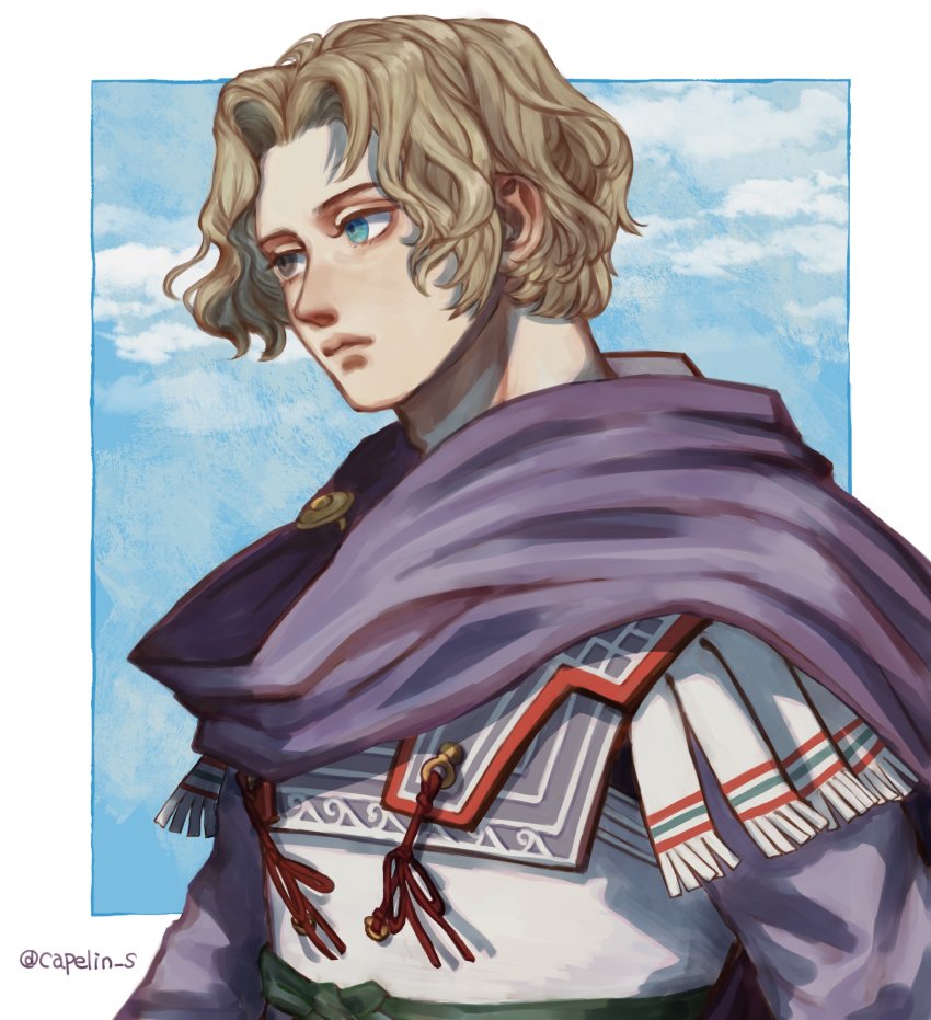 1boy, alexander_the_great, ancient_greek_clothes, artist_name, blonde_hair, blue_eyes, blue_sky, brooch
