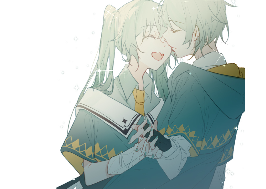 1boy, 1girl, aqua_capelet, aqua_hair, aqua_jacket, aqua_nails, argyle, arm_warmers