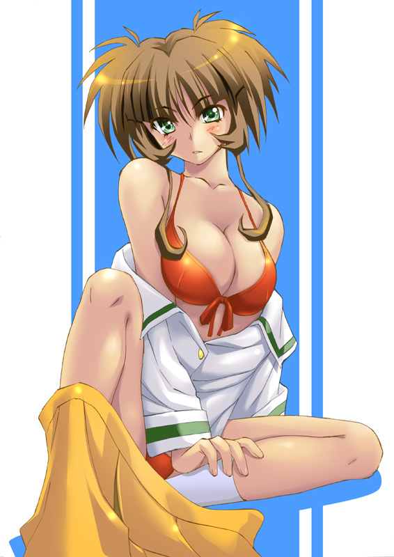 1girl, bikini, bra, brown_hair, female_focus, green_eyes, ichimonji_akane, lingerie