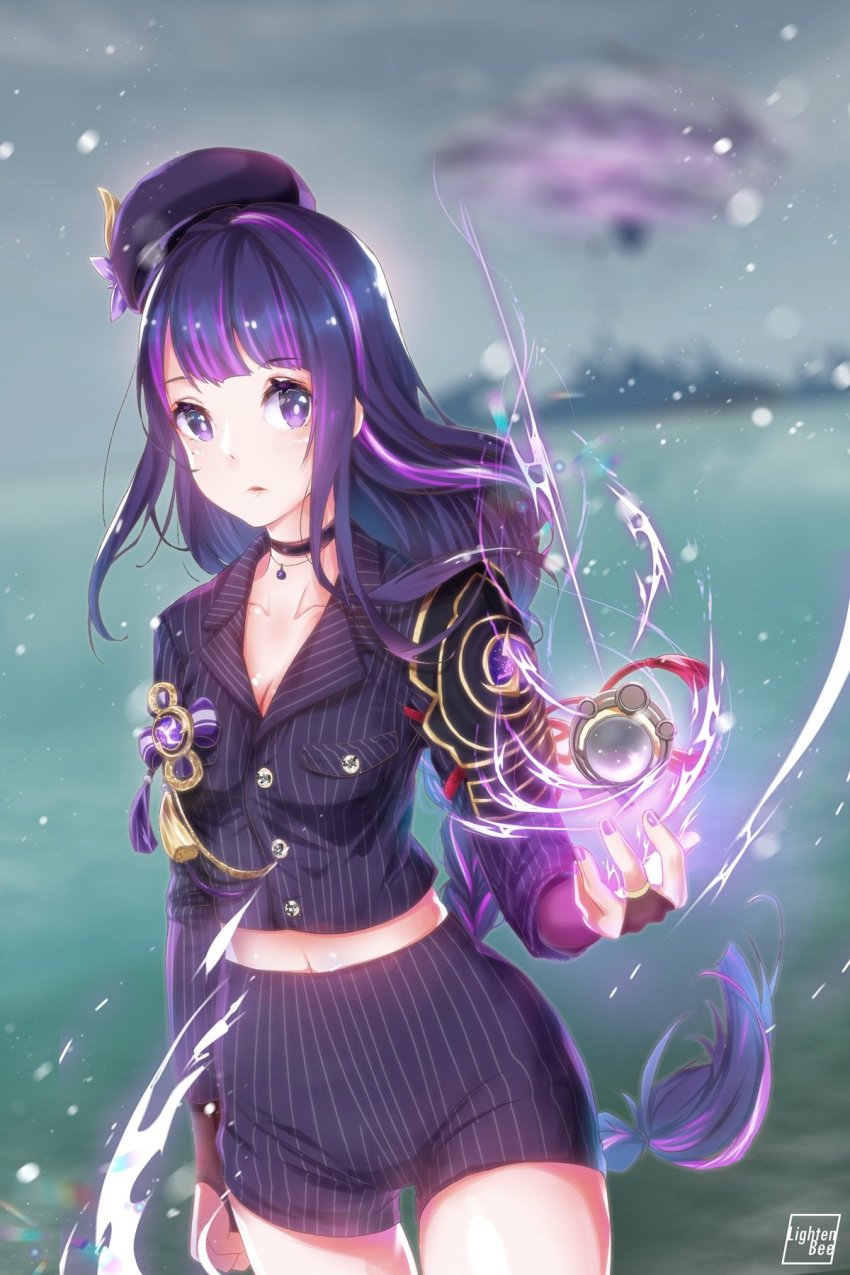 1girl, alternate_costume, armor, beret, blurry, blurry_background, braid, breasts, bridal_gauntlets, choker, cleavage, collarbone, commentary, electricity, english_commentary, floating, floating_object, flower, genshin_impact, hat, highres, lightenbee, long_face, long_hair, looking_at_viewer, medium_breasts, midriff, mole, mole_under_eye, nail_polish, navel, open_mouth, purple_eyes, purple_flower, purple_hair, purple_hat, purple_nails, raiden_shogun, shorts, shoulder_armor, solo, tassel, vision_(genshin_impact)