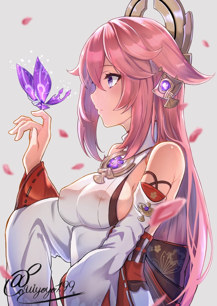 1girl, bare_shoulders, blush, breasts, bug, butterfly, covered_erect_nipples, from_side