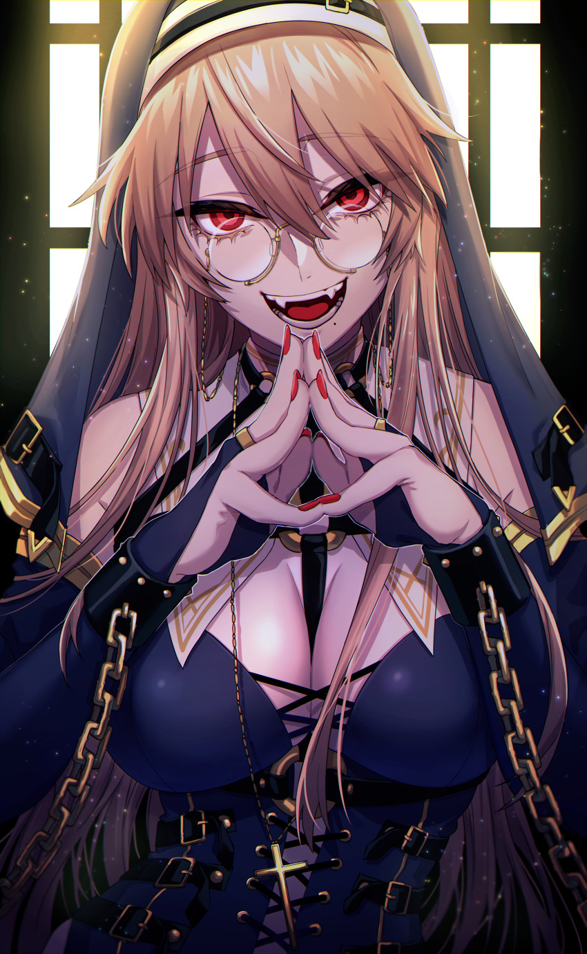 1girl, absurdres, between_breasts, black_dress, black_gloves, blonde_hair, breasts, bridal_gauntlets, chain, cleavage, commentary, cross-laced_clothes, cuffs, dress, eyelashes, eyewear_strap, fangs, fingers_together, glasses, gloves, habit, hair_between_eyes, highres, huge_filesize, large_breasts, long_hair, looking_at_viewer, mole, mole_under_mouth, nail_polish, nun, nun_headdress, o-ring, open_mouth, original, own_hands_together, pince-nez, red_eyes, red_nails, round_eyewear, shackles, smile, solo, strap, sunlight, tatsuma_daisuke, taut_clothes, taut_dress, upper_body, vampire, veil, window