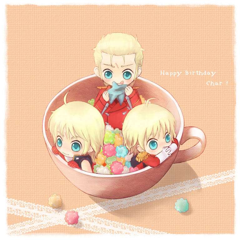 3boys, :q, ahoge, birthday, blonde_hair, blue_eyes, candy, char's_counterattack