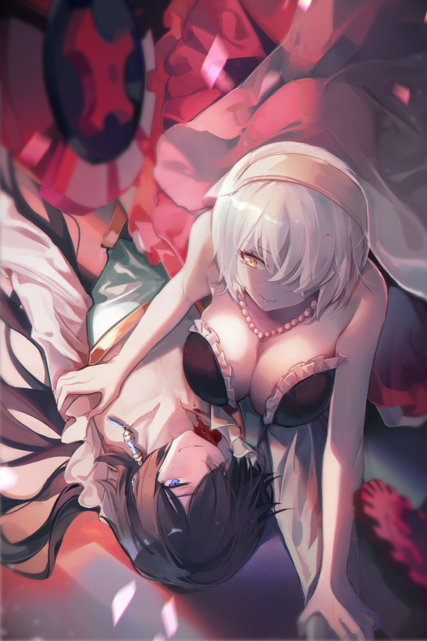 1boy, 1girl, bare_shoulders, bite_mark, black_hair, blood, blood_on_clothes, blue_eyes, blush, breasts, cleavage, dress, earrings, hair_over_one_eye, hand_on_another's_shoulder, hands_on_another's_wrists, highres, jeanne_(vanitas_no_carte), jewelry, large_breasts, long_hair, nana895, necklace, pearl_necklace, red_dress, restrained, shirt, short_hair, silver_hair, smile, vampire, vanitas_(vanitas_no_carte), vanitas_no_carte, white_shirt, yellow_eyes