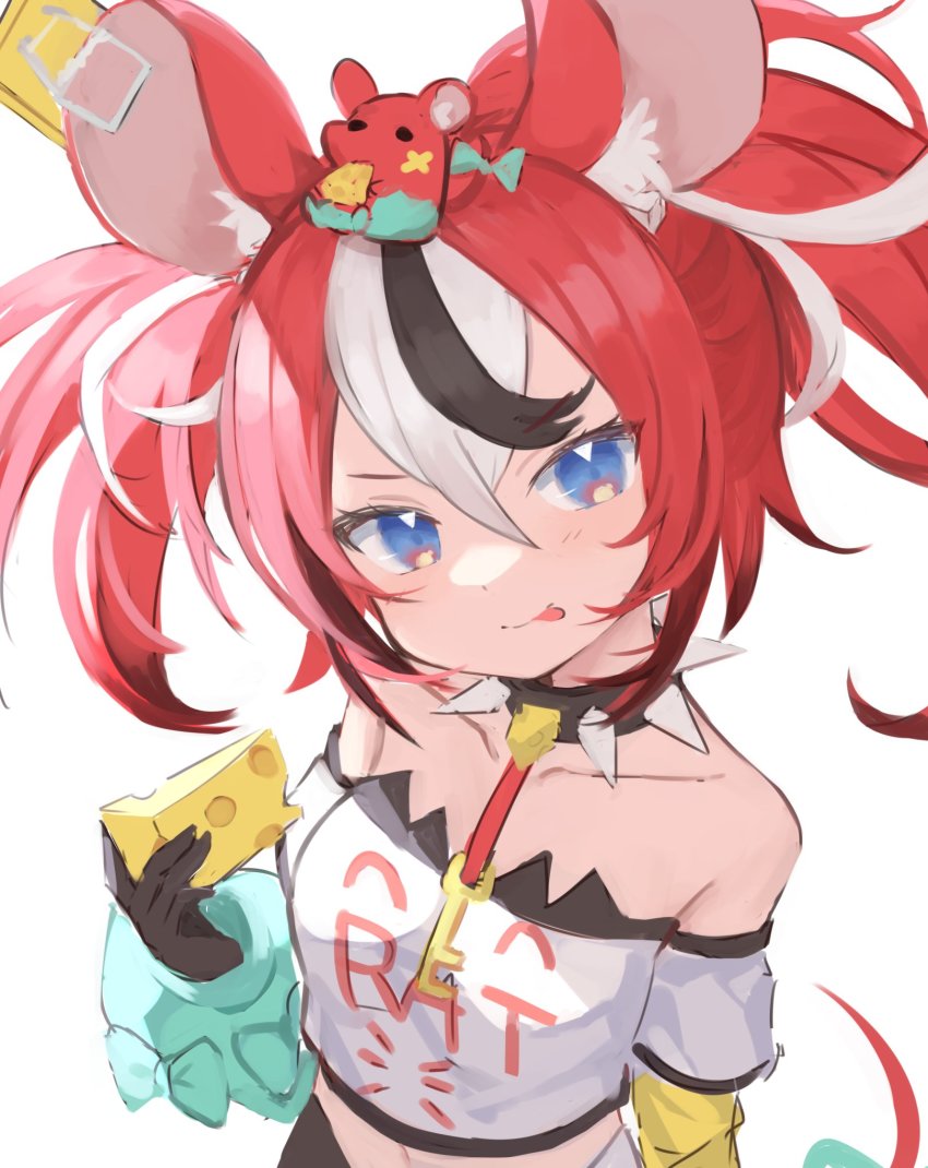 1girl, :p, animal_ear_fluff, animal_ears, bare_shoulders, black_gloves, black_hair, blue_eyes