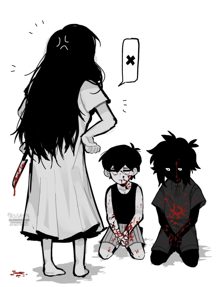 1girl, 2boys, anger_vein, bad_id, bad_twitter_id, black_hair, black_shirt, black_skin