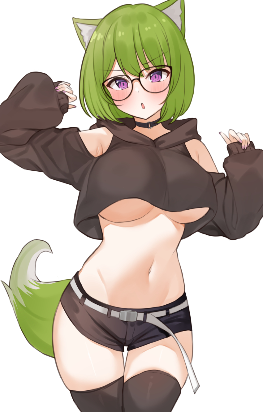 1girl, absurdres, animal_ears, black-framed_eyewear, black_hoodie, black_shorts, black_thighhighs, blush, breasts, choco_tanuki, choker, crop_top, cropped_hoodie, fox_ears, fox_girl, fox_tail, glasses, green_hair, highres, hood, hoodie, large_breasts, long_sleeves, looking_at_viewer, megane_(choco_tanuki), navel, original, parted_lips, purple_eyes, short_hair, short_shorts, shorts, solo, tail, thighhighs, underboob