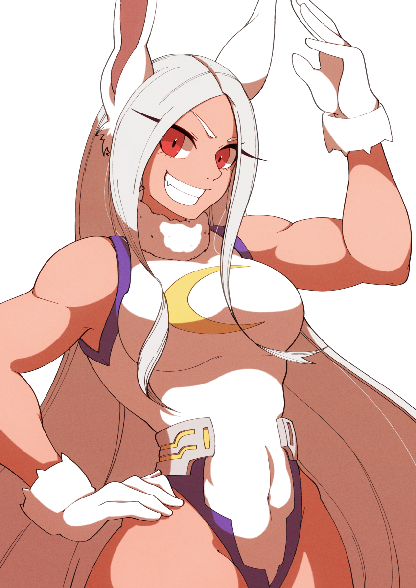 1girl, absurdres, animal_ears, arm_up, biceps, boku_no_hero_academia, breasts, crescent_print, dark-skinned_female, dark_skin, eyelashes, fang, fur_trim, gloves, grin, groin, hand_on_own_hip, heattech_leotard, highleg, highleg_leotard, highres, hip_bones, huge_filesize, large_breasts, leotard, long_hair, looking_at_viewer, mirko, muscular, muscular_female, rabbit_ears, rabbit_girl, red_eyes, sasaki_sue, simple_background, smile, solo, superhero_costume, taut_leotard, teeth, thick_thighs, thighs, turtleneck, very_long_hair, white_gloves, white_hair, white_leotard