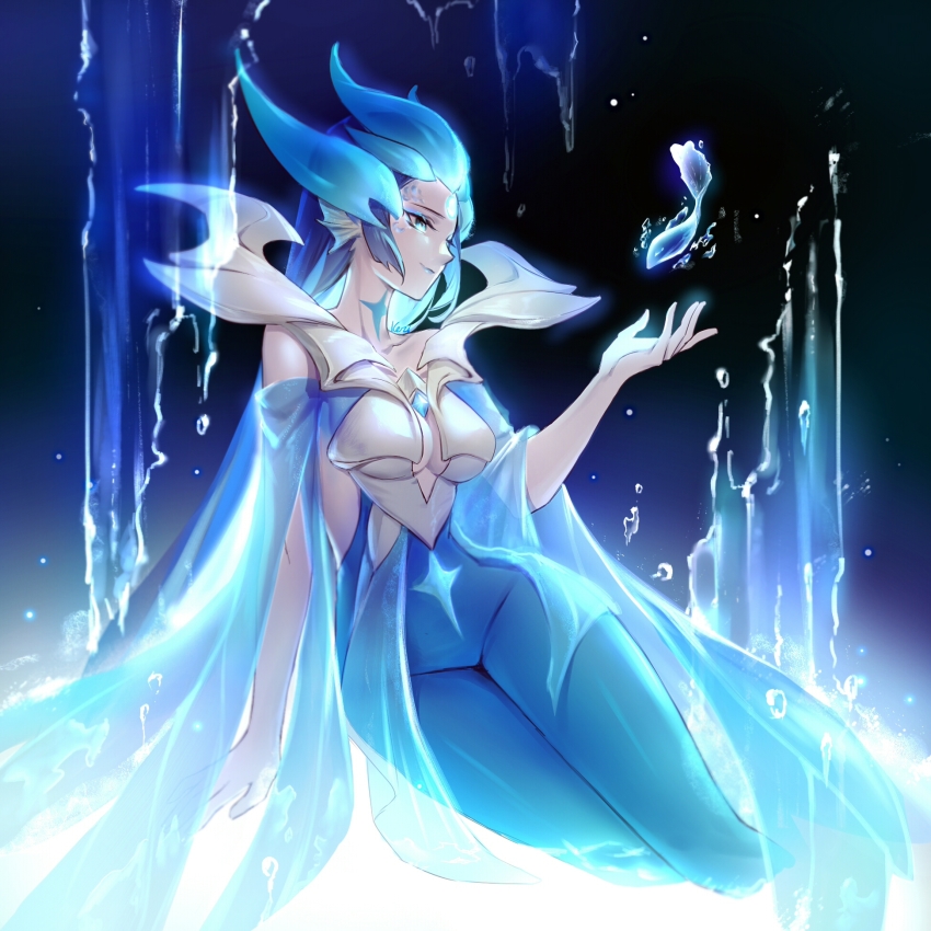 1girl, black_background, blue_eyes, blue_eyeshadow, blue_hair, blue_lips, breasts, closed_mouth