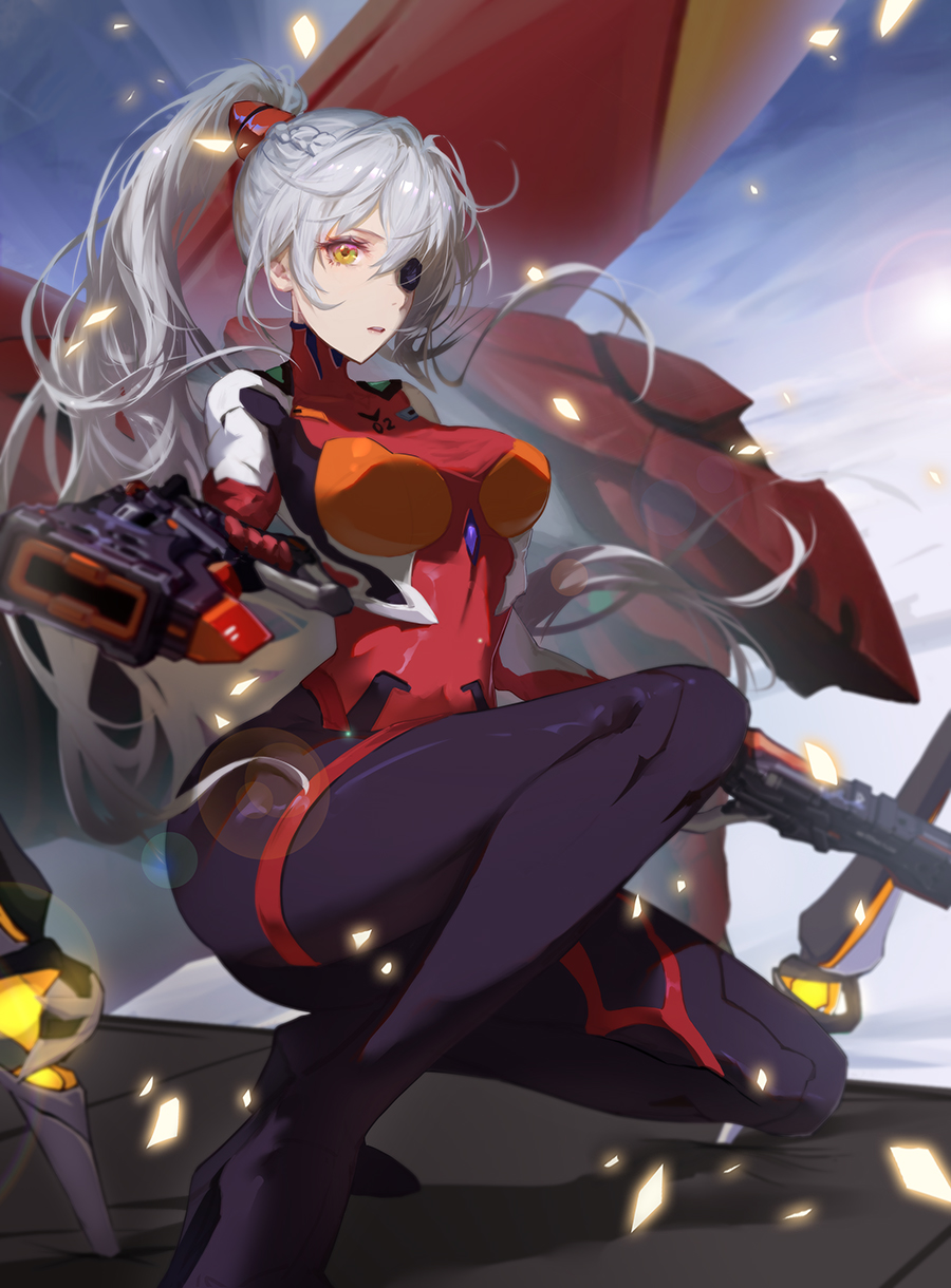 1girl, :o, aiming, aiming_at_viewer, antenna_hair, braid, breasts, cosplay, crossover, curvy, dual_wielding, eyepatch, full_body, gun, hair_between_eyes, highres, holding, holding_gun, holding_weapon, honkai_(series), honkai_impact_3rd, kiana_kaslana, kiana_kaslana_(peak_sync_ps), kiana_kaslana_(void_drifter), kneeling, long_hair, looking_at_viewer, mecha_pilot_suit, neon_genesis_evangelion, open_mouth, plugsuit_(evangelion), polearm, ponytail, skin_tight, solo, souryuu_asuka_langley, souryuu_asuka_langley_(cosplay), spear, taichi_(yirkorn), weapon, white_hair, yellow_eyes