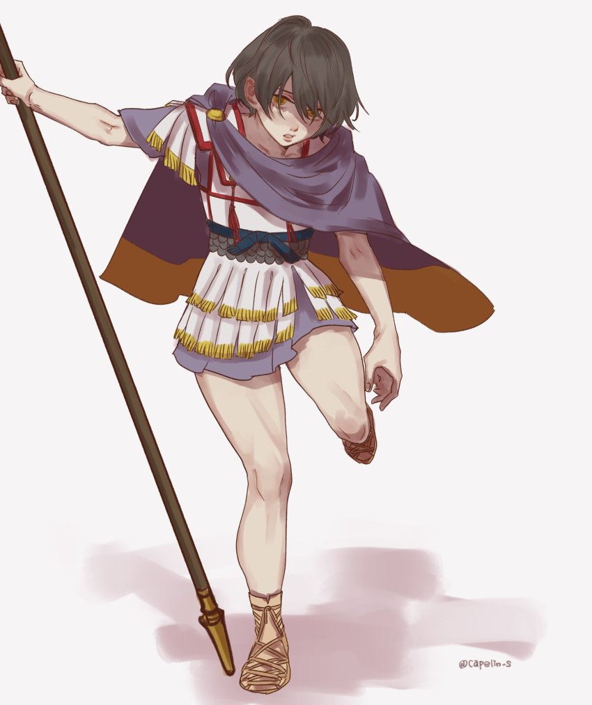 1girl, ancient_greek_clothes, bare_legs, black_hair, brown_eyes, cape, capelin_s, greco-roman_clothes