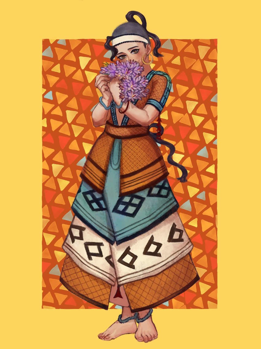 1girl, ancient_greek_clothes, barefoot, blush, bracelet, brown_eyes, capelin_s, covered_mouth