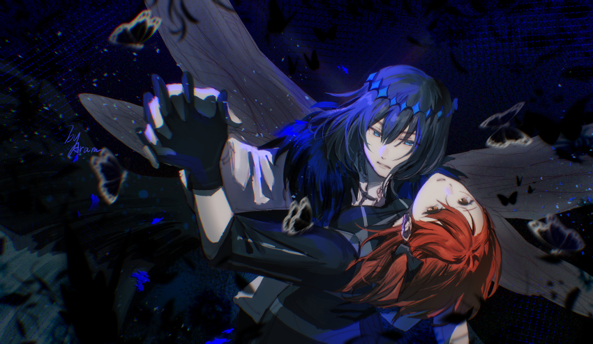 1boy, 1girl, abstract_background, aramu, arm_around_another's_waist, black_background, black_butterfly, black_cape