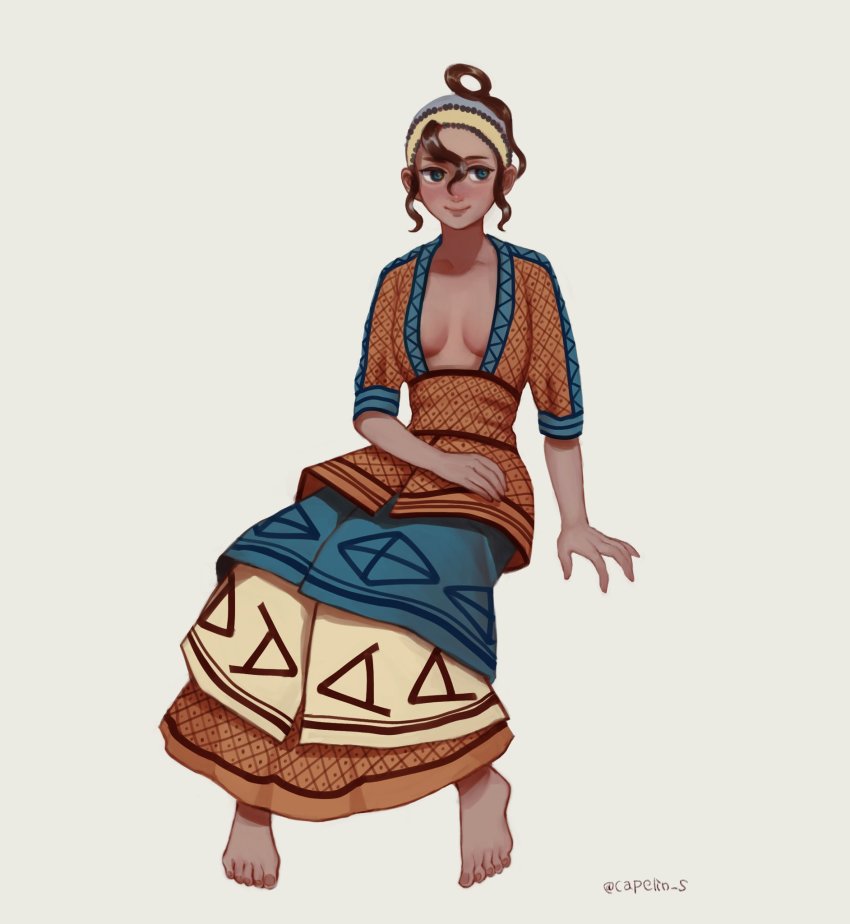 1girl, ancient_greek_clothes, barefoot, black_hair, blue_eyes, breasts, breasts_apart, capelin_s, dress, full_body, greco-roman_clothes, hair_between_eyes, highres, invisible_chair, minoan_clothes, original, shadow, short_sleeves, simple_background, sitting, smile, solo, twitter_username, white_background
