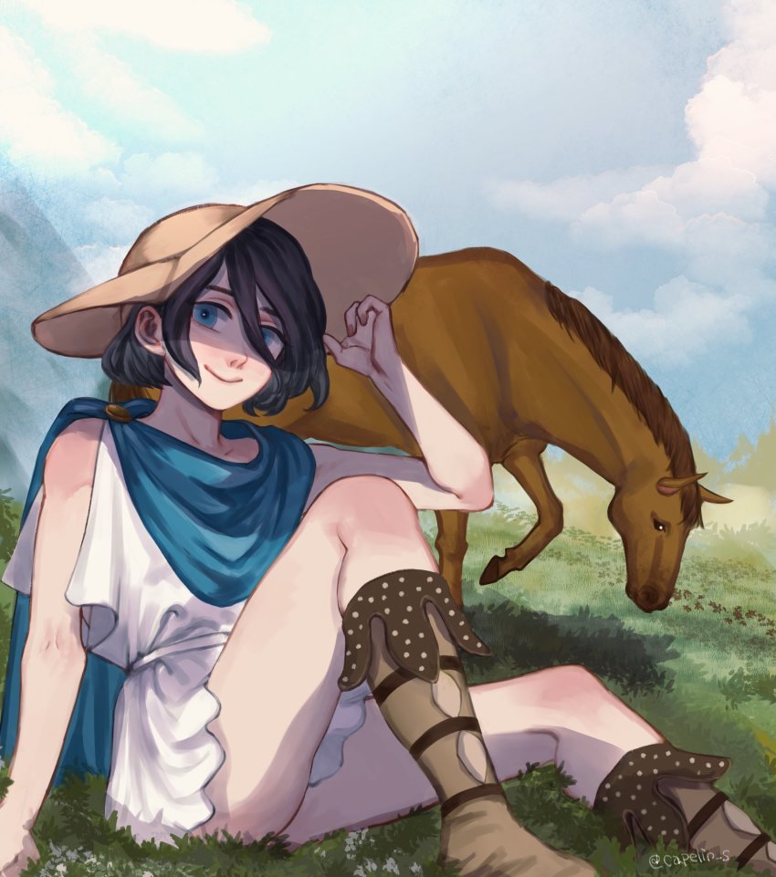 1girl, ancient_greek_clothes, black_hair, blue_eyes, brown_footwear, brown_hat, cape, capelin_s, chiton, cloud, cloudy_sky, flower, full_body, grass, greco-roman_clothes, hat, highres, horse, knees_up, looking_at_viewer, original, outdoors, short_hair, sitting, sky, sleeveless, smile, solo, white_flower