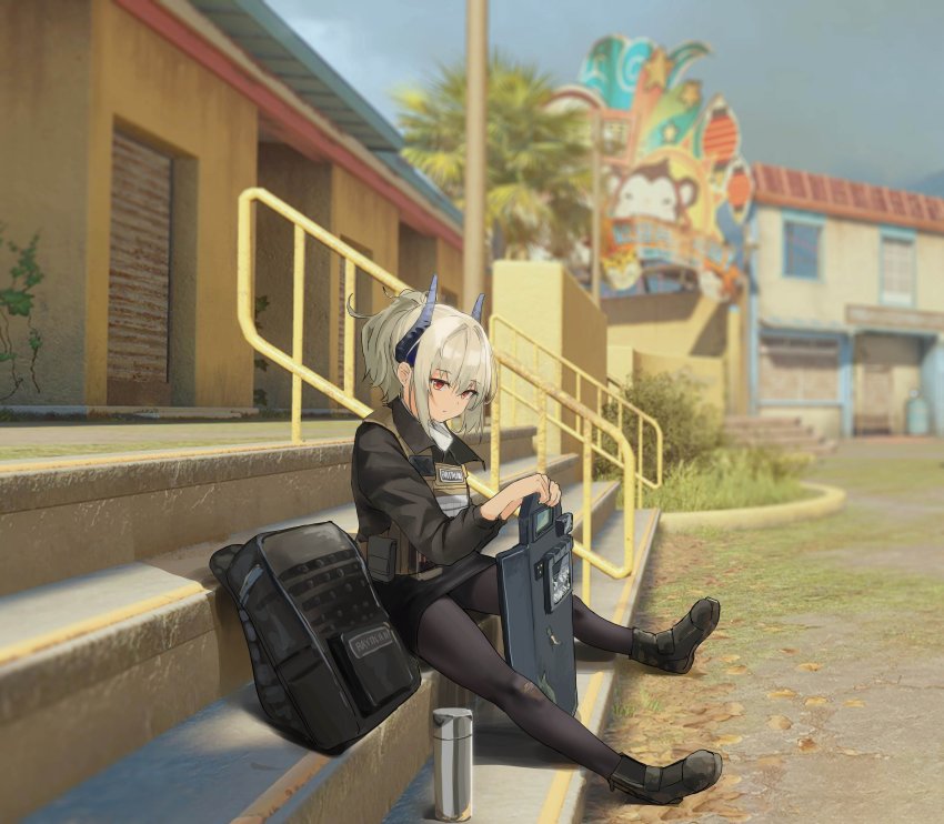 1girl, absurdres, arknights, backpack, bag, ballistic_shield, boots, dazzler_(weapon)