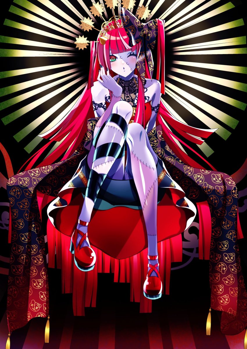 1girl, black_background, black_bow, black_nails, black_skirt, blowing_kiss, blunt_bangs, blush