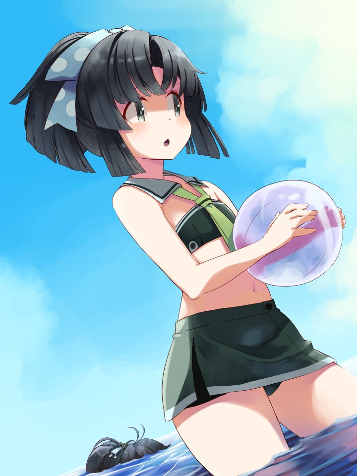 2girls, ahoge, ball, bandeau, beachball, black_hair, commentary_request, dutch_angle