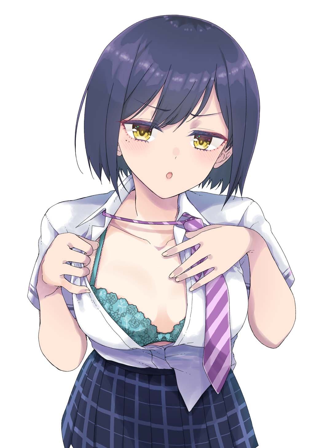 1girl, :o, black_hair, blush, bra, collarbone, collared_shirt, frilled_bra, frills, green_bra, hand_on_own_chest, highres, hirota_masatane, looking_at_viewer, necktie, nijisanji, open_mouth, partially_unbuttoned, plaid_clothes, plaid_skirt, pleated_skirt, shirt, shizuka_rin, shizuka_rin_(summer_uniform), short_hair, simple_background, skirt, solo, striped_clothes, striped_necktie, striped_neckwear, underwear, virtual_youtuber, white_background, white_shirt, yellow_eyes