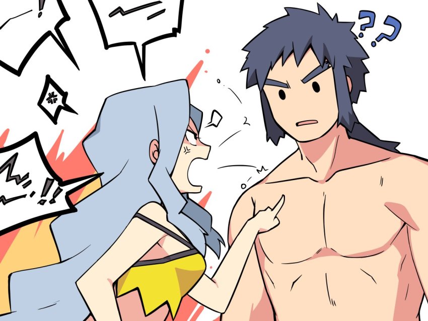 1boy, 1girl, ?, ??, anger_vein, angry, black_eyes, black_hair