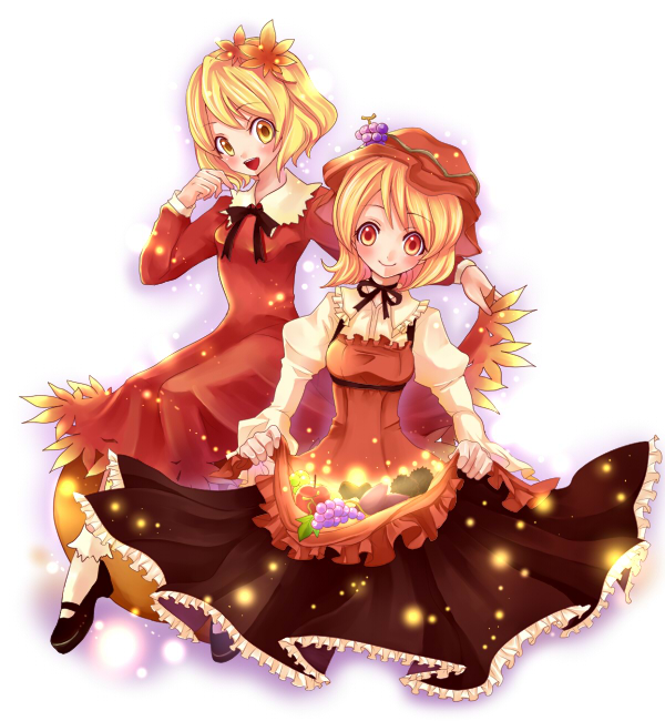2girls, aki_minoriko, aki_shizuha, autumn, bad_id, bad_pixiv_id, blonde_hair, bow