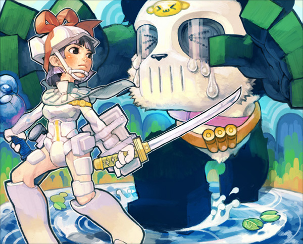 1girl, armor, bear, black_hair, blue_theme, green_theme, kawa_yoo, kawaguchi_youhei, panda, pet, short_hair, sword, water, weapon