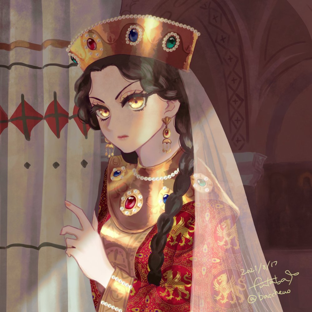 1girl, animification, anna_comnena, braid, brown_hair, byzantine_architecture, byzantine_empire, closed_mouth, commentary, curtains, dated, dress, earrings, english_commentary, eyelashes, fingernails, forehead, gem, hair_over_shoulder, hand_up, jewelry, long_hair, long_sleeves, necklace, pearl_necklace, print_dress, real_life, red_dress, satou_futaba_(loose_leaf), signature, single_braid, solo, tiara, twitter_username, upper_body, v-shaped_eyebrows, yellow_eyes