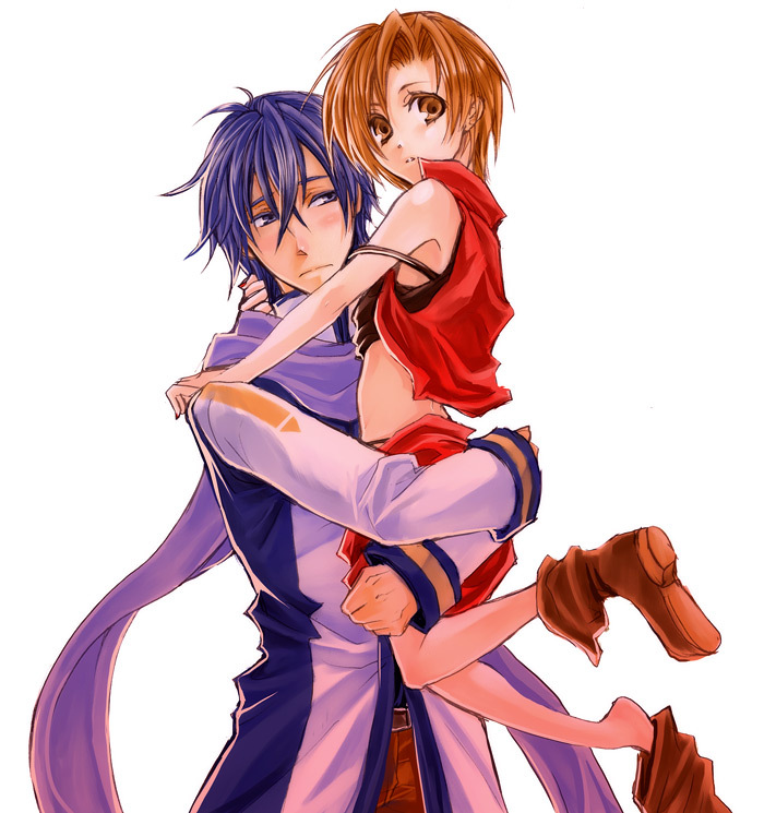 1boy, 1girl, aged_down, blue_eyes, blue_hair, boots, brown_eyes, brown_hair, couple, hetero, hug, kaito_(vocaloid), meiko_(vocaloid), norihe, scarf, shoe_dangle, short_hair, skirt, vocaloid